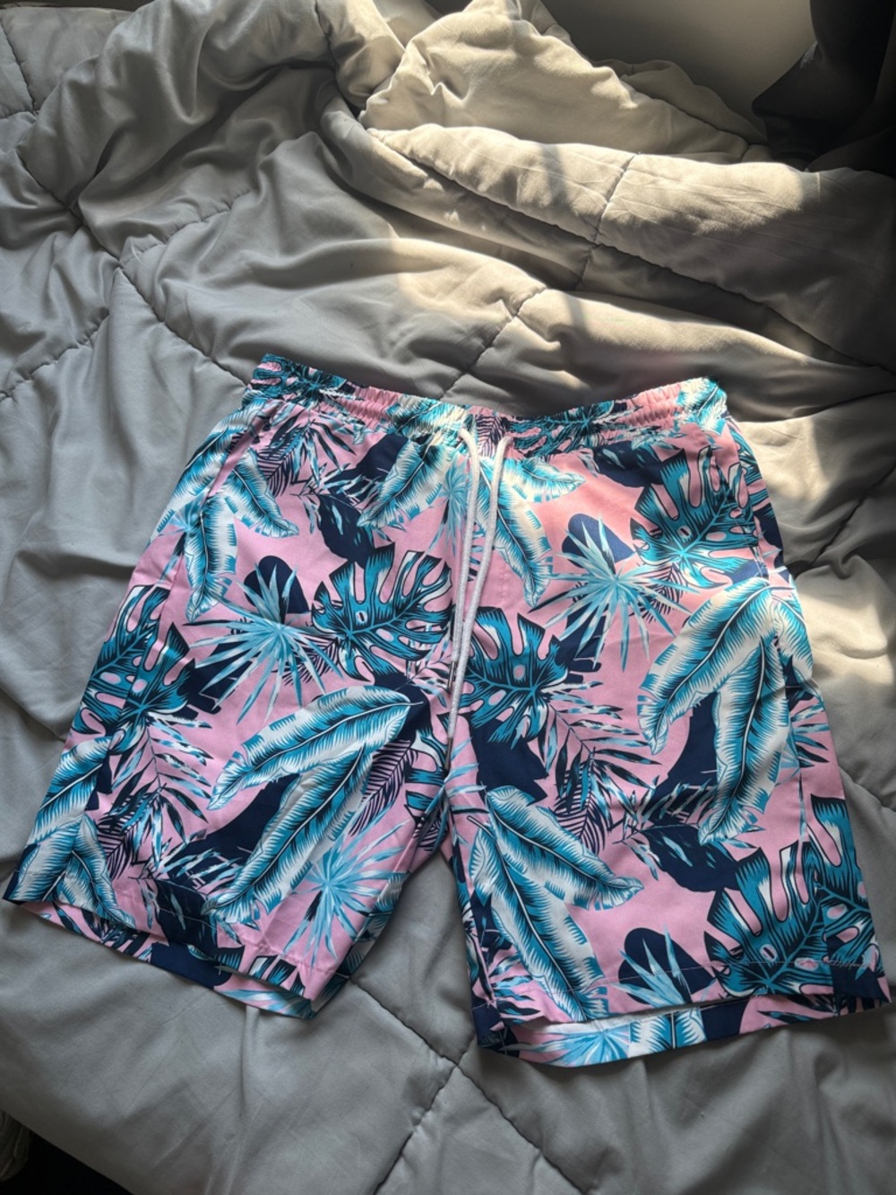 SHEIN Pink Tropical Leaf Athletic Shorts with Blue Accents
